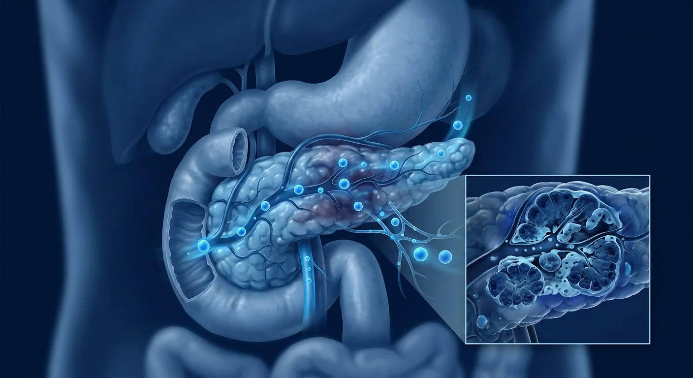 MSC therapy for acute pancreatitis — inflamed pancreas with edematous tissue and MSC immunomodulation concept