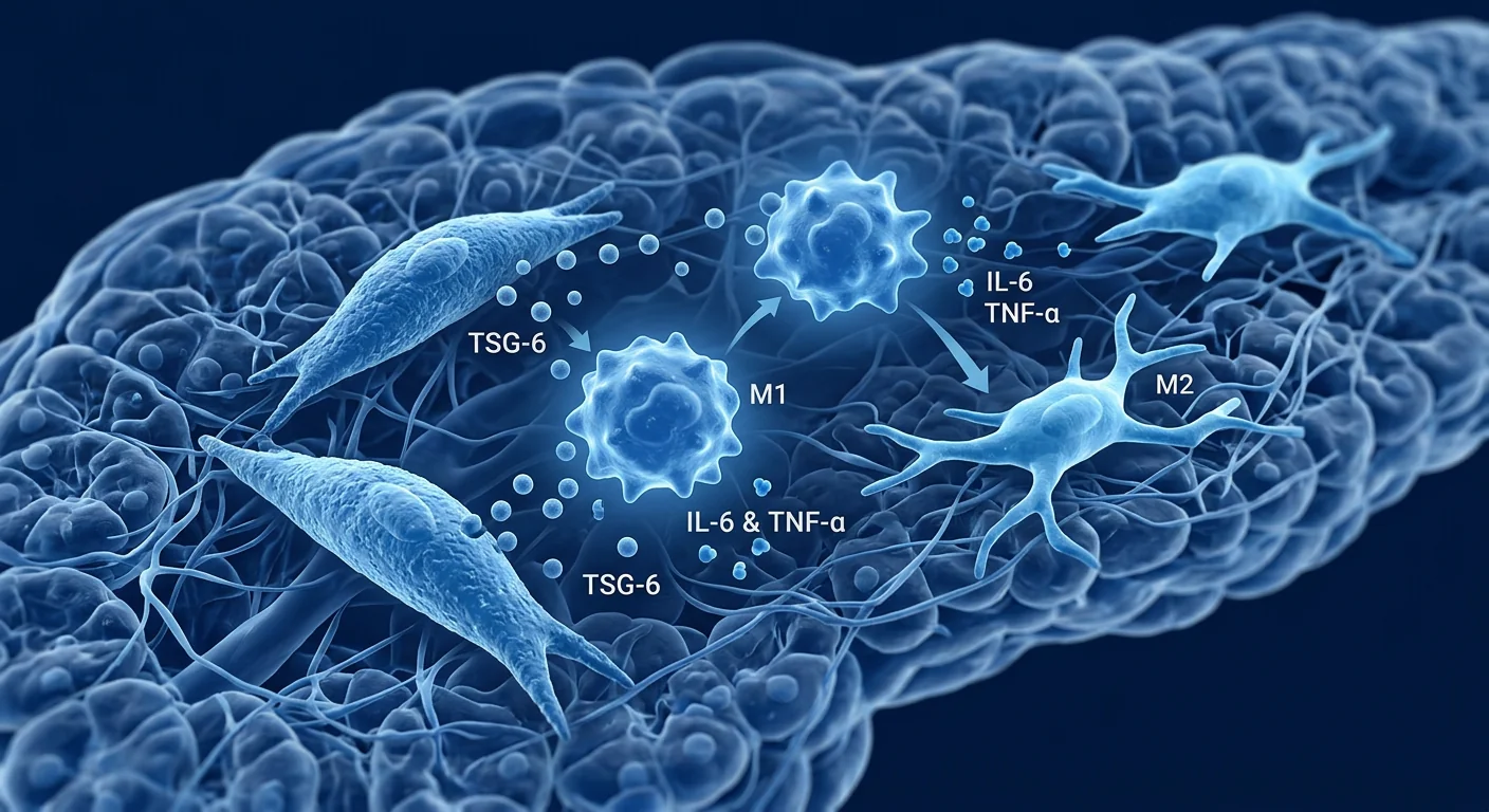 MSC immunomodulation in acute pancreatitis — macrophage polarization from M1 to M2, cytokine suppression, and endothelial protection