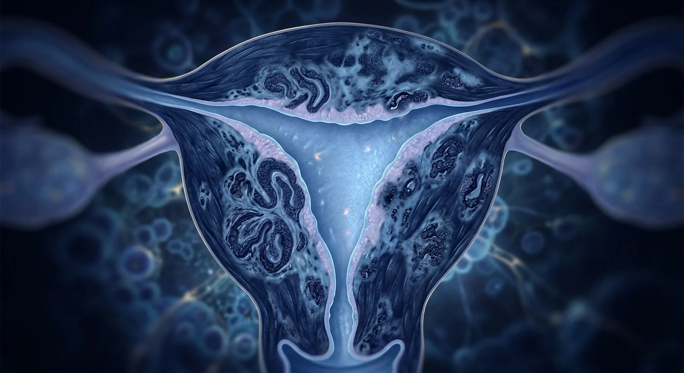 Uterine myometrium with adenomyosis — endometrial glands invading the muscular wall, shown as cross-section