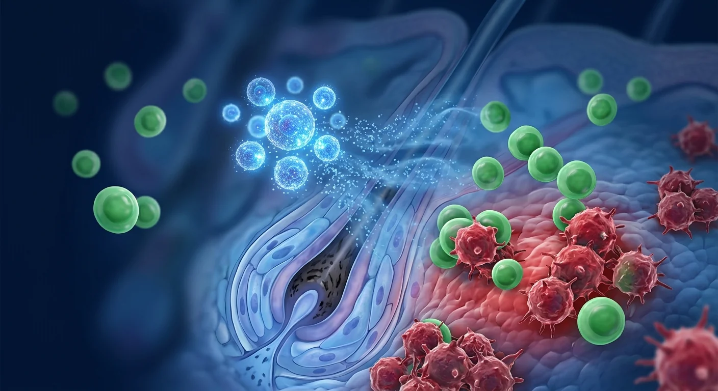 Scientific medical illustration of mesenchymal stem cells suppressing perifollicular T-cell attack and restoring hair follicle immune privilege in alopecia areata