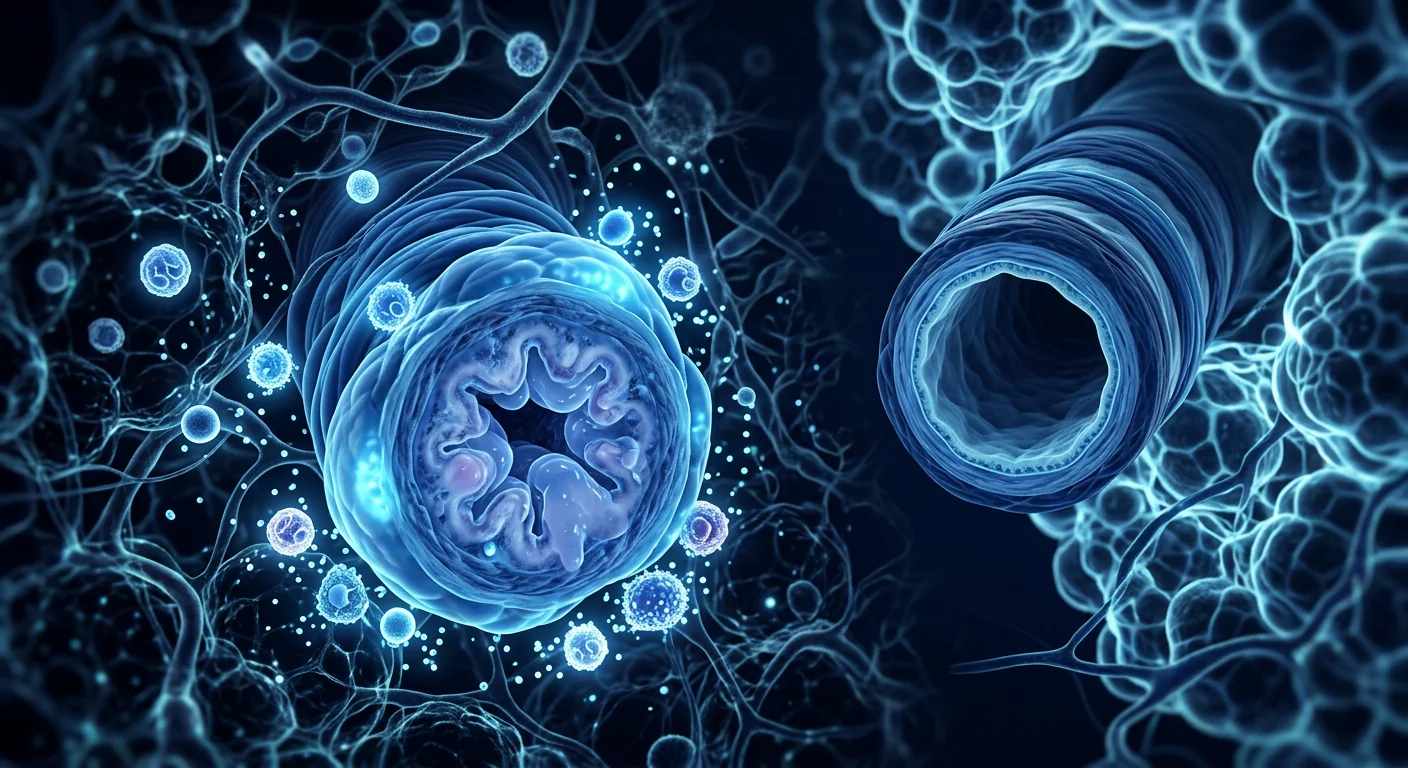Scientific illustration of inflamed asthmatic airways with bronchial constriction and immune cell infiltration