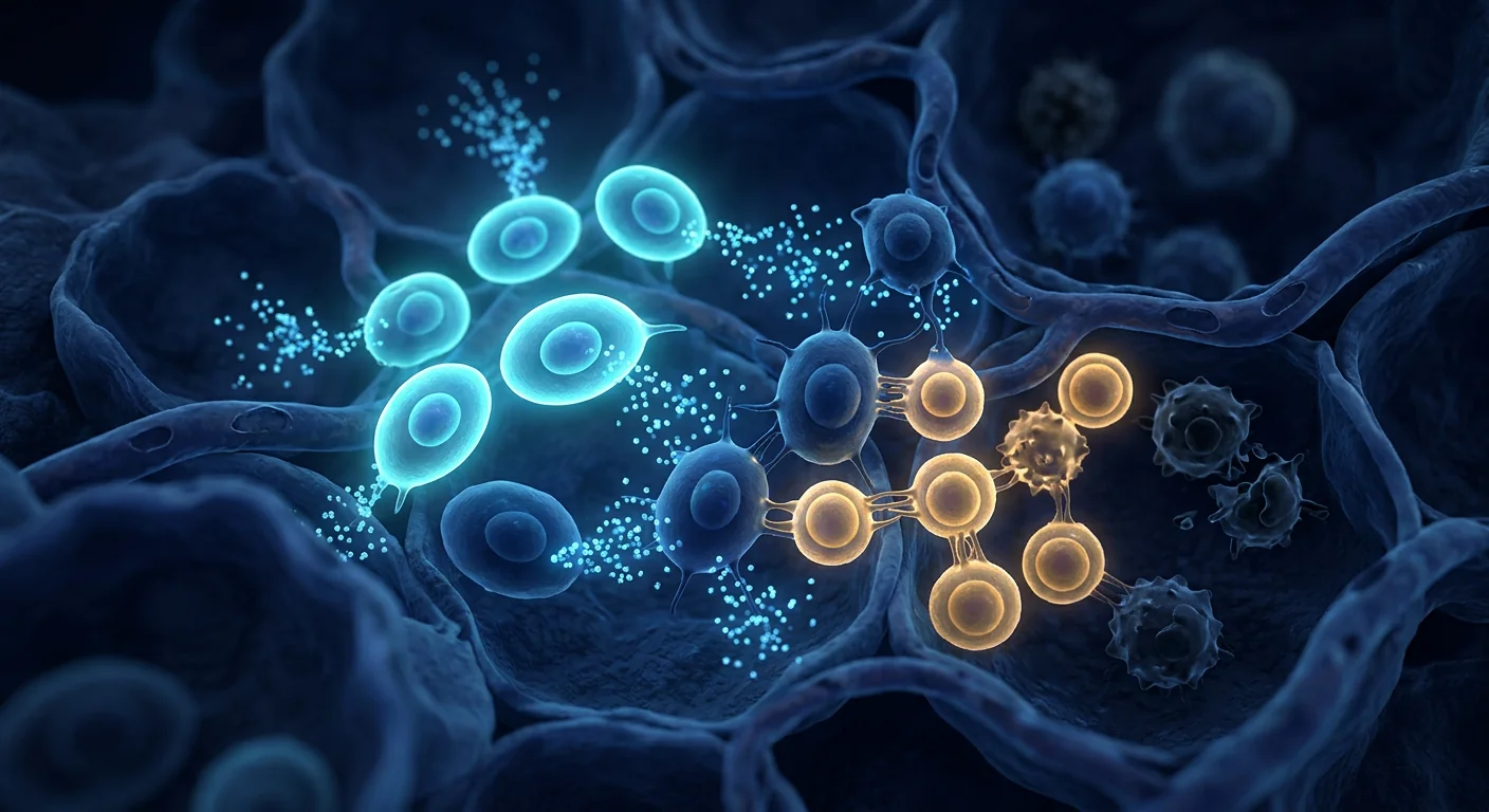 MSC immunomodulation visualization — mesenchymal stem cells releasing anti-inflammatory cytokines to suppress Th2-driven airway inflammation