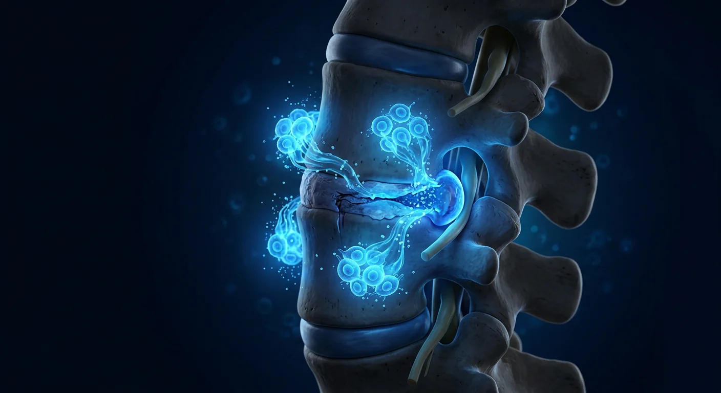 3D medical visualization of human spine showing herniated disc and nerve root compression