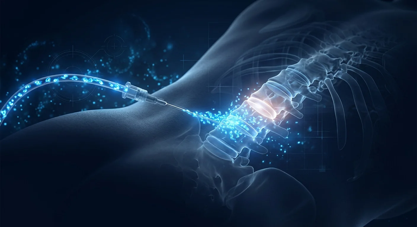 Physician performing fluoroscopy-guided stem cell injection into patient's lumbar disc space