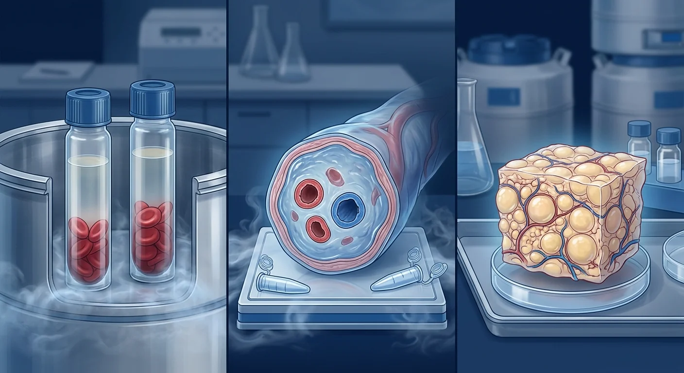 MSC banking comparison — cord blood, cord tissue, and adipose-derived stem cell sources, deep navy and clinical blue scientific illustration