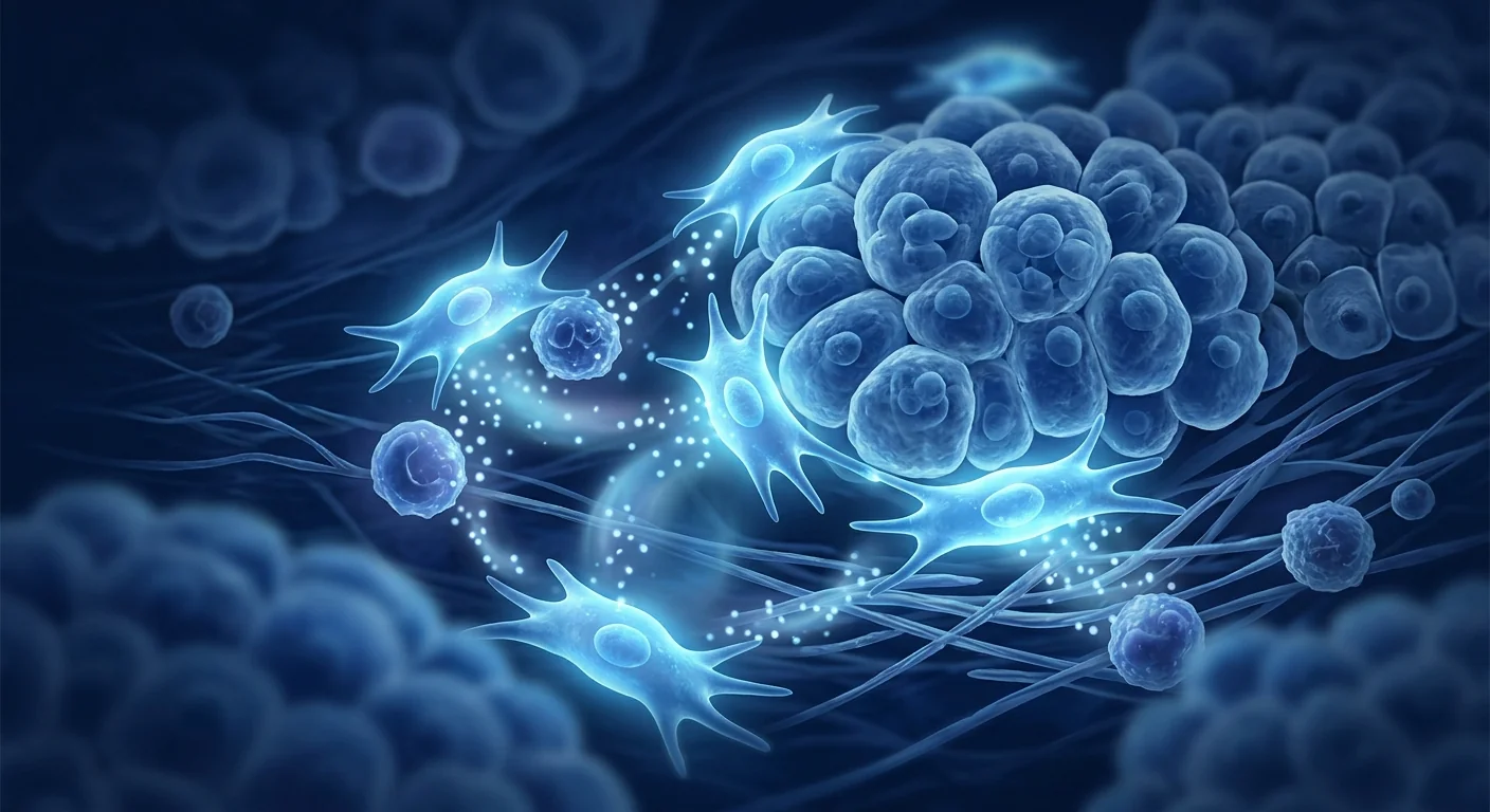 MSC cellular therapy for BPH — MSCs surrounding prostatic stromal cells, anti-inflammatory signaling, and ECM remodeling