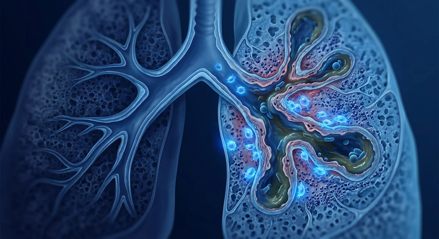 Scientific illustration of human lungs showing dilated, scarred airways with mucus accumulation — bronchiectasis airway damage and MSC-mediated repair