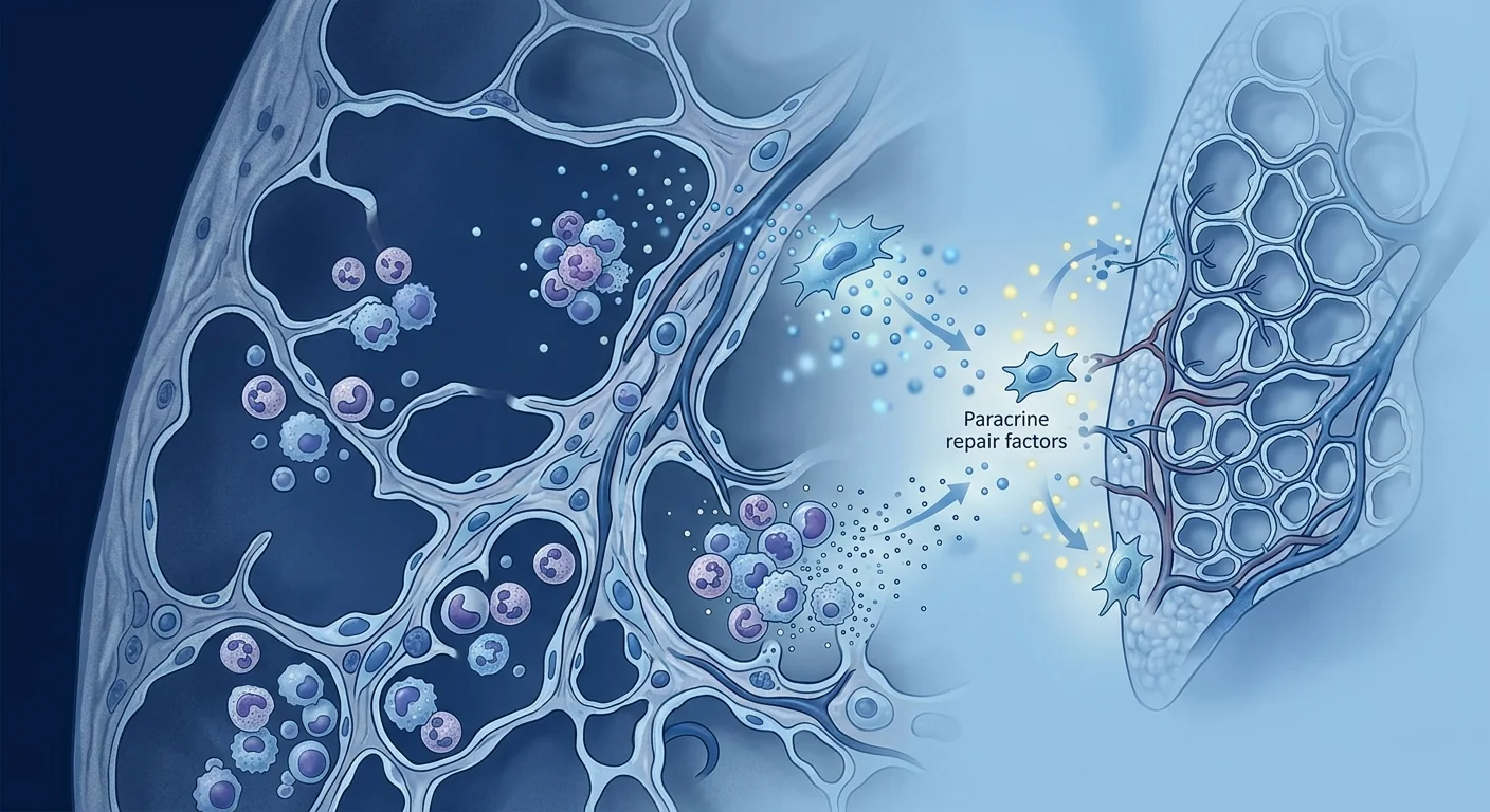 Medical illustration of preterm neonatal lungs showing alveolar simplification, inflammation, and MSC-mediated repair with angiogenic and anti-inflammatory factors