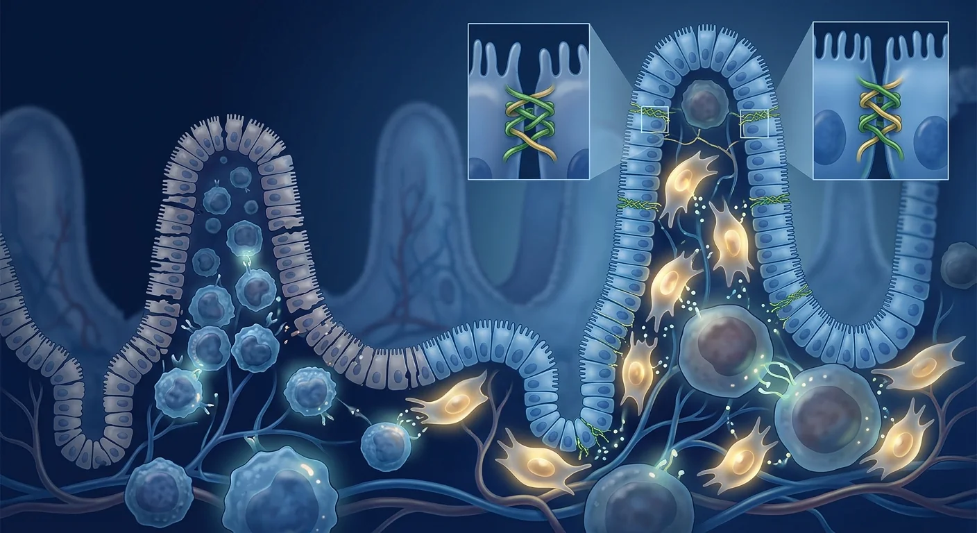 Scientific illustration of mesenchymal stem cells promoting intestinal barrier repair and immune tolerance in celiac disease