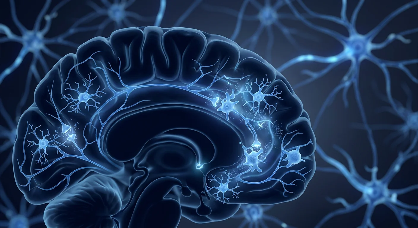 Medical illustration of developing brain with neural pathways highlighted, representing neuroinflammation modulation in cerebral palsy