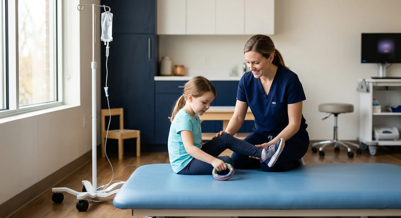 Child receiving gentle physical therapy combined with IV stem cell infusion in a clinical treatment room