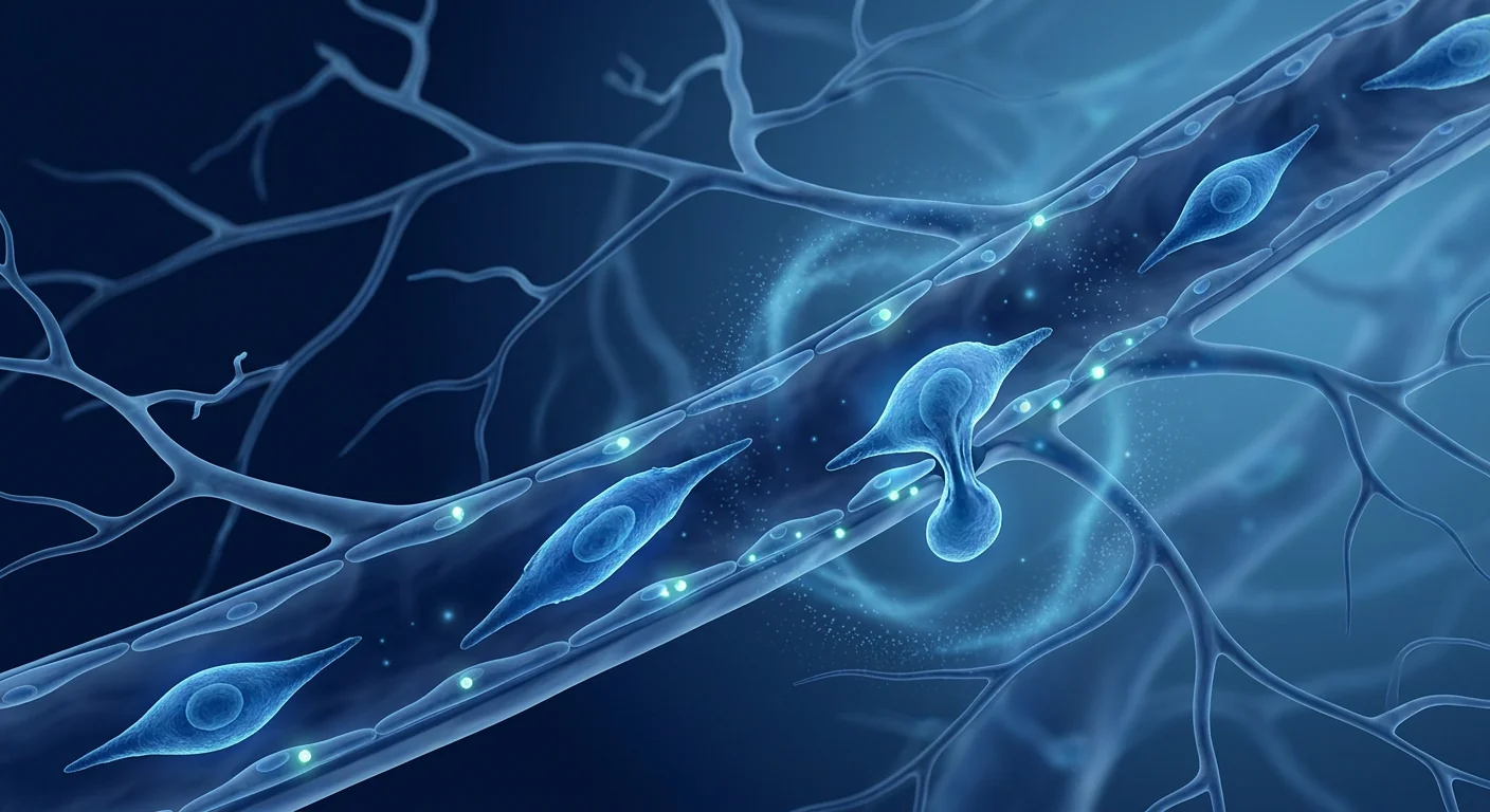 MSC-mediated microvascular repair — mesenchymal stem cells migrating through vessel walls with anti-inflammatory signaling
