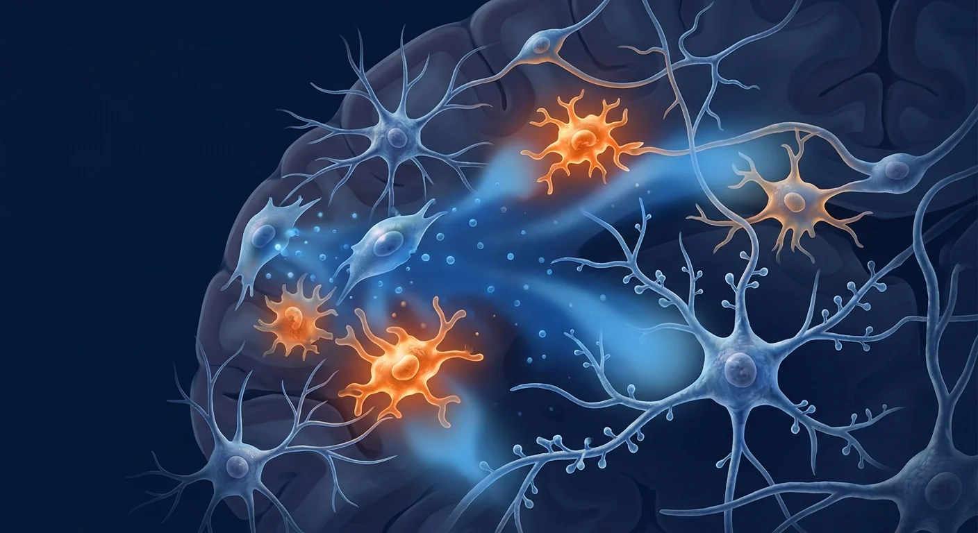 Scientific illustration of MSC therapy reducing neuroinflammation in chemotherapy-induced cognitive impairment — microglial deactivation and neural repair