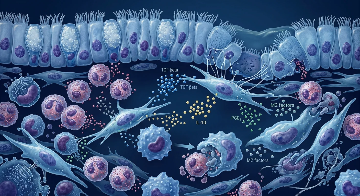 MSC immunomodulation in sinonasal mucosa — type 2 inflammation suppression, M2 macrophage polarization, epithelial barrier repair