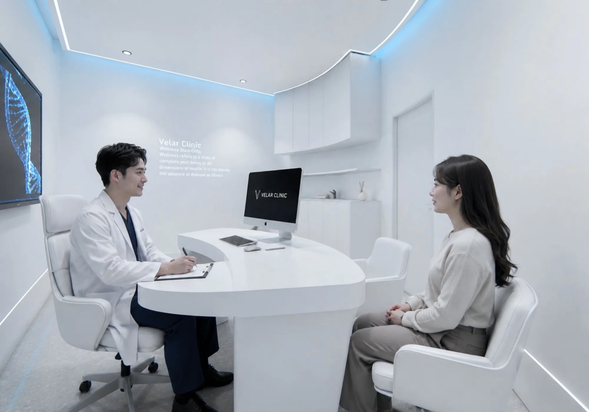 Clinical specialist conducting a private consultation with a patient at a curved white desk