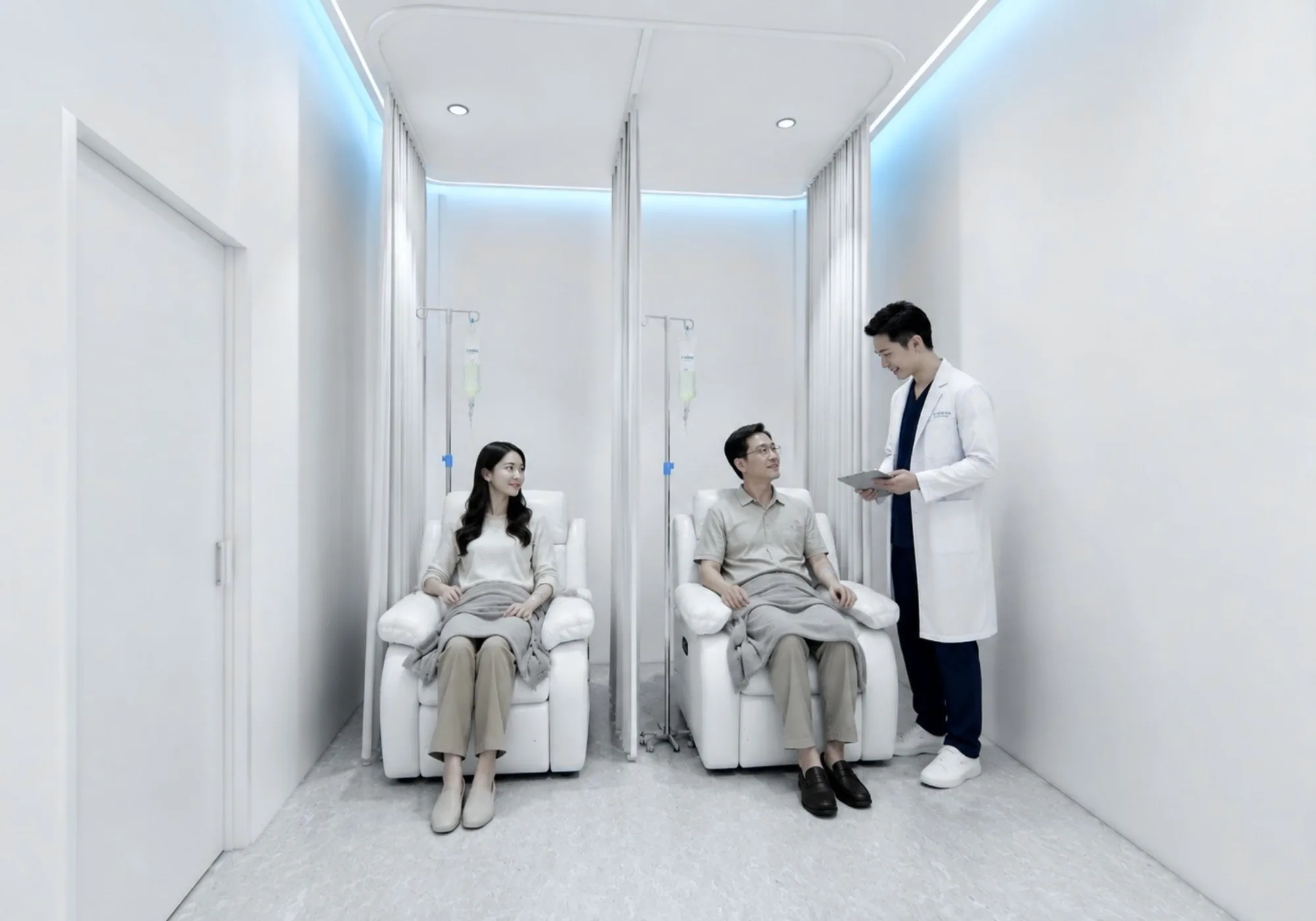 Two patients on private IV infusion recliners with a clinician reviewing protocols on a tablet