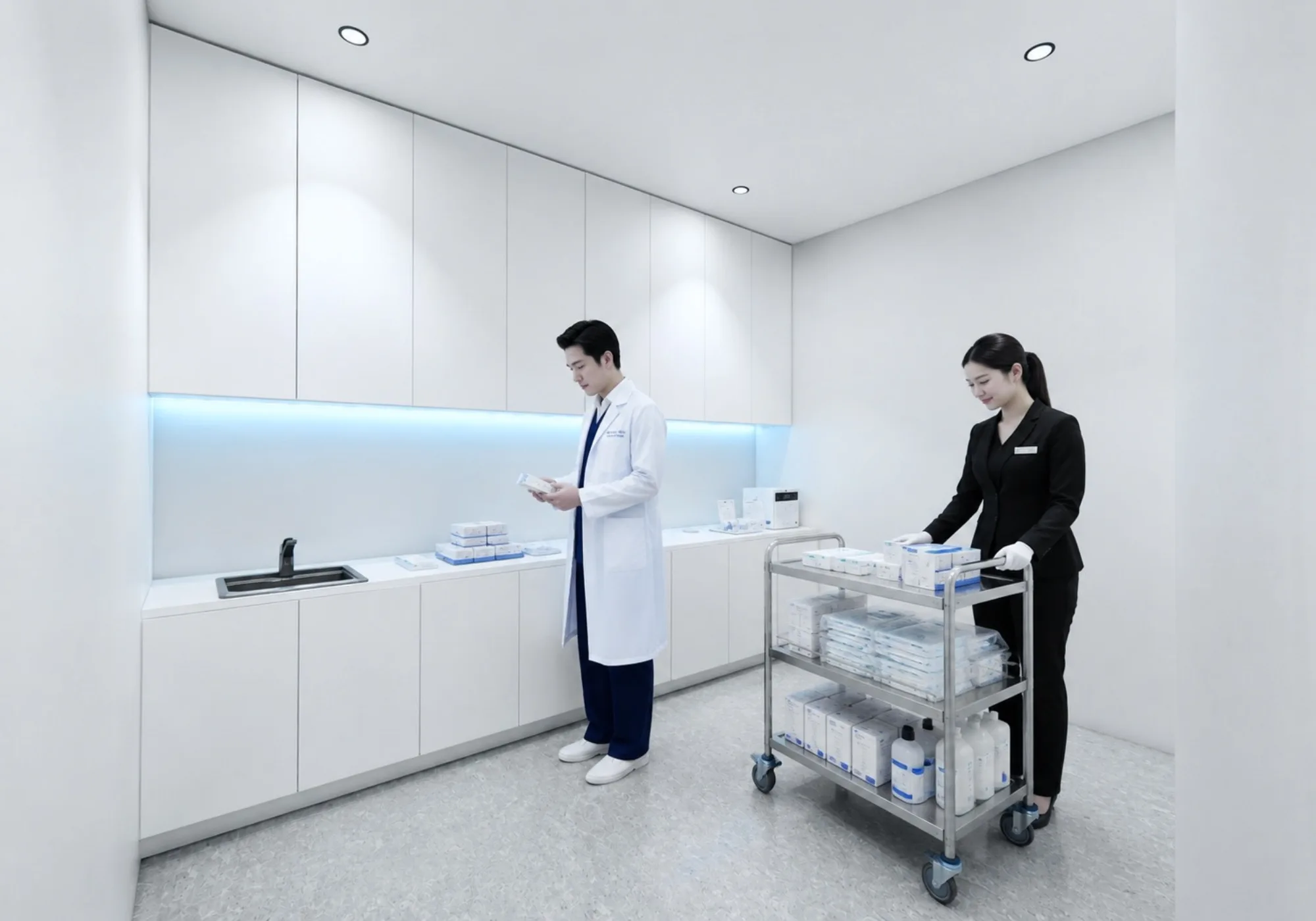 Clinician inspecting cryopreserved cell release lots while a coordinator prepares the dispensing trolley