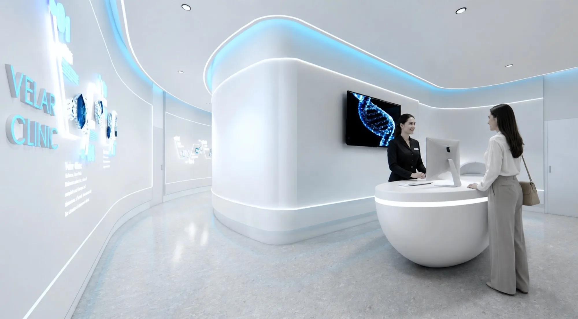 VELAR Clinic reception with multilingual concierge welcoming a patient at the curved white desk