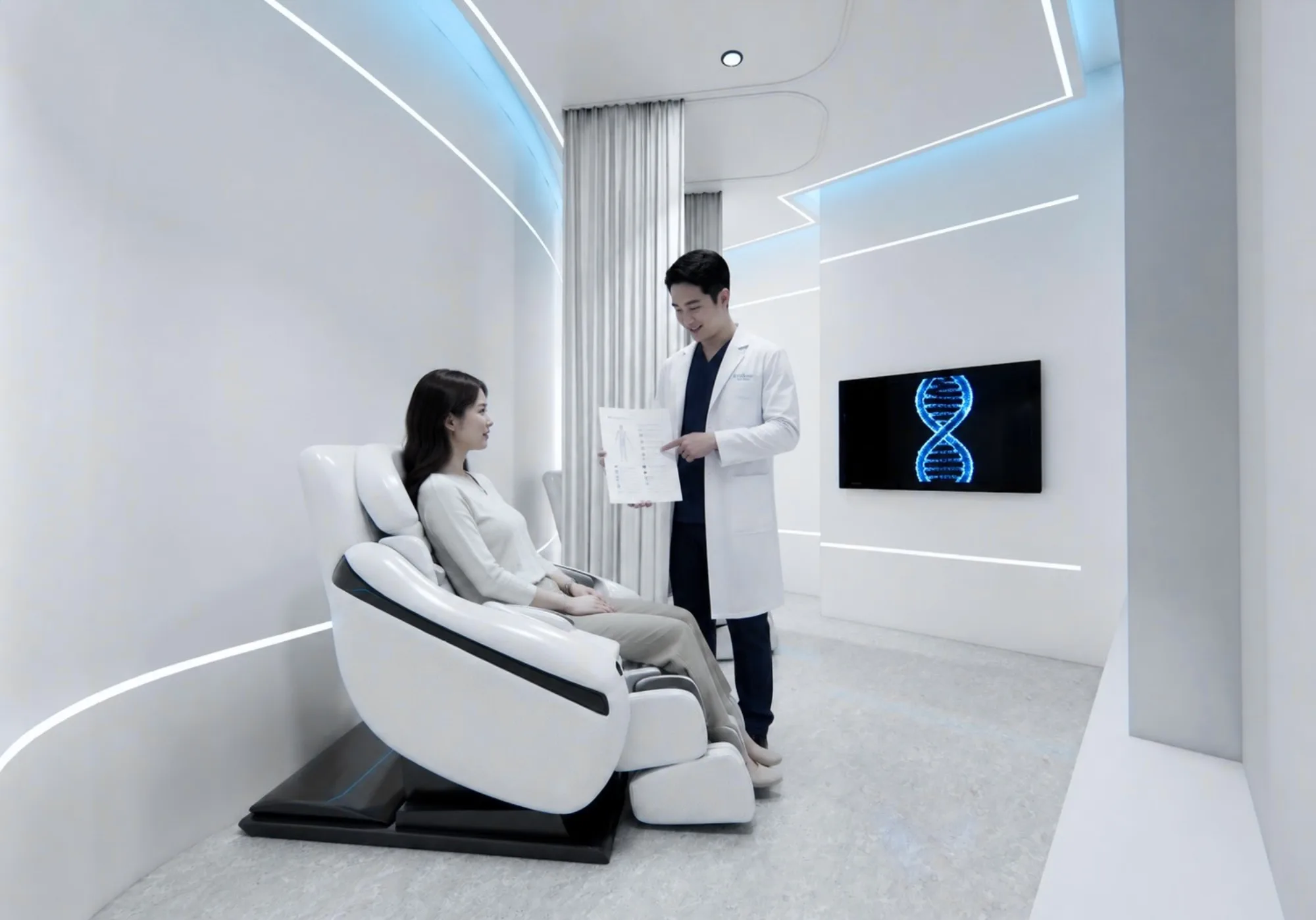 Physician reviewing a body-system chart with a patient resting in a recovery recliner