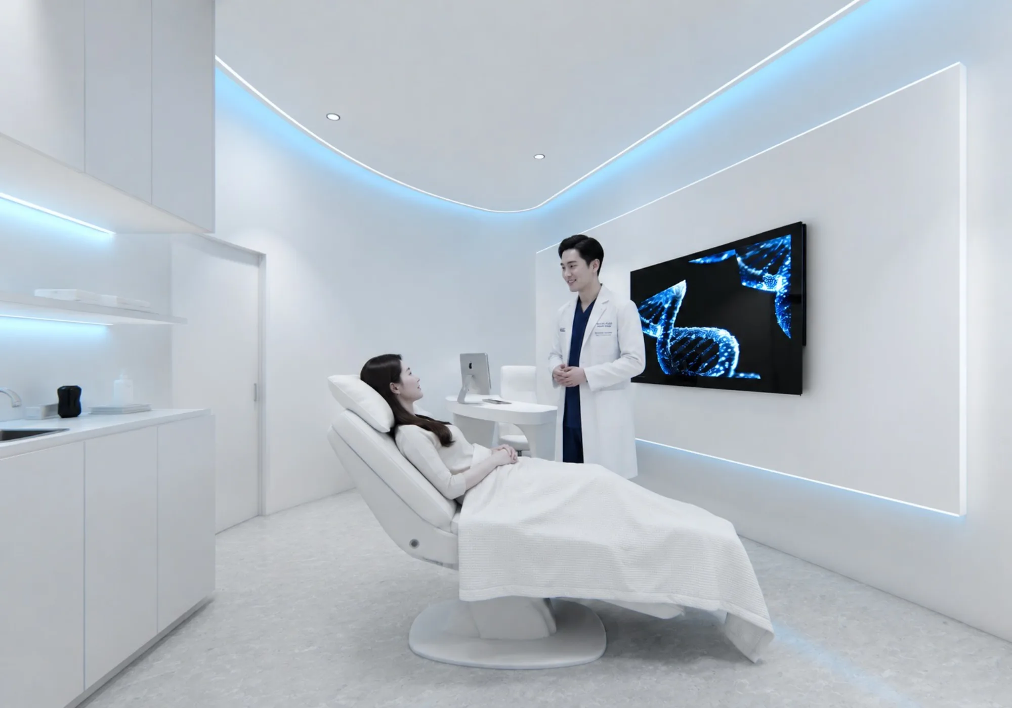 Patient resting in a sterile treatment bay with a clinician explaining the procedure