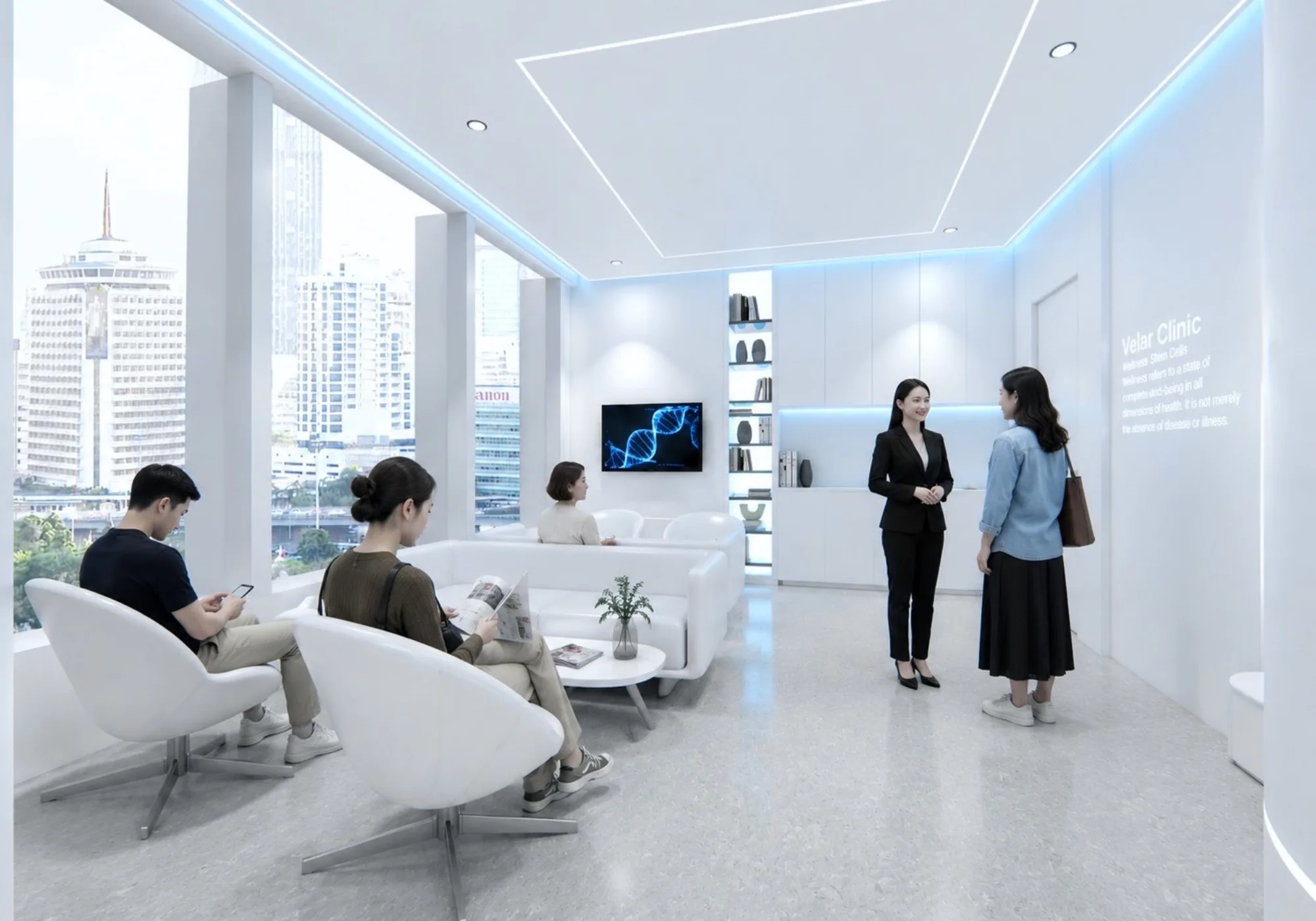 VELAR Clinic city-view wellness lounge with floor-to-ceiling Bangkok skyline windows, patients seated, and clinical staff welcoming a guest