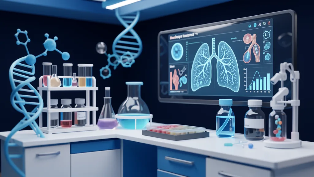 Laboratory vials, cultured cells and data analysis representing a controlled clinical research trial for COPD