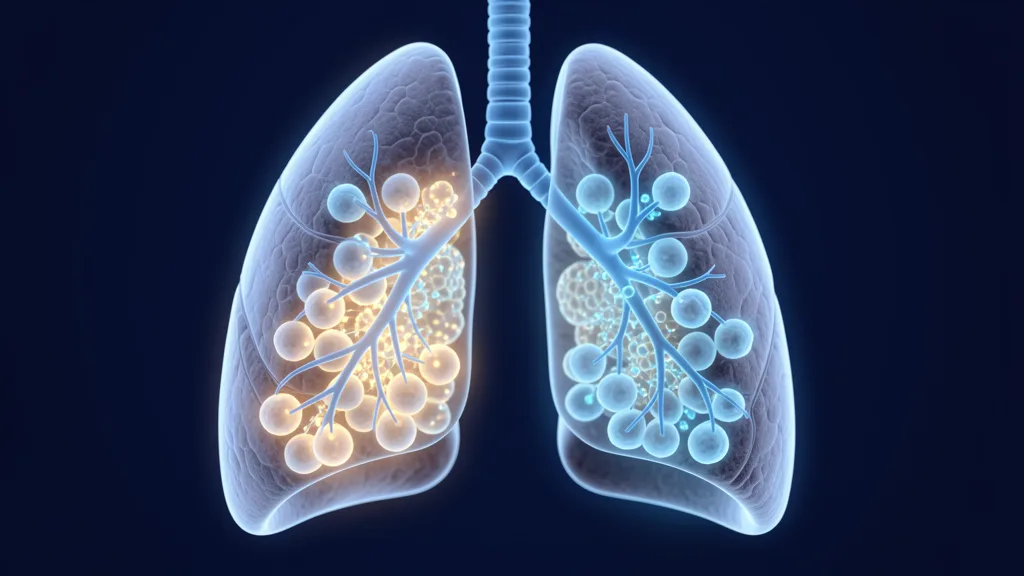 Scientific illustration of human lungs with damaged airways and alveoli undergoing cellular repair in COPD