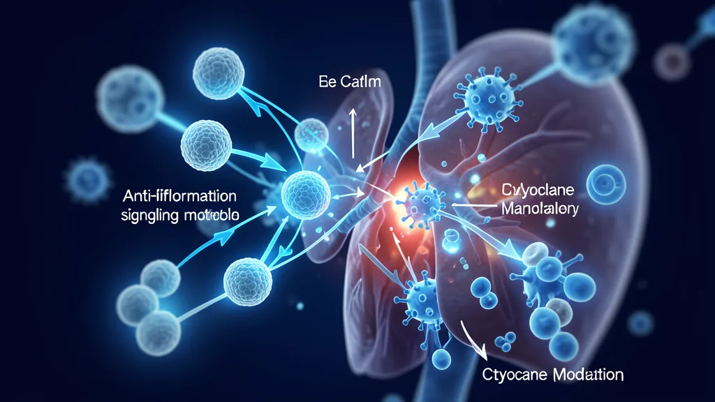 Illustration of mesenchymal stem cells releasing anti-inflammatory and growth factors within inflamed lung tissue