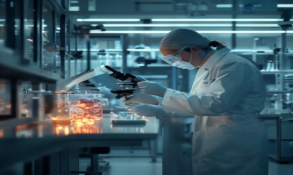 Scientists working in a GMP stem cell cleanroom laboratory — research for Crohn's disease and IBD
