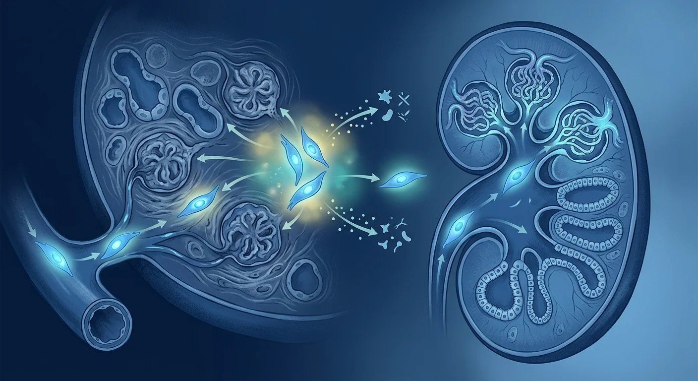 Scientific illustration of mesenchymal stem cells targeting glomerular inflammation and podocyte injury in diabetic nephropathy — paracrine signaling and renal microvascular protection