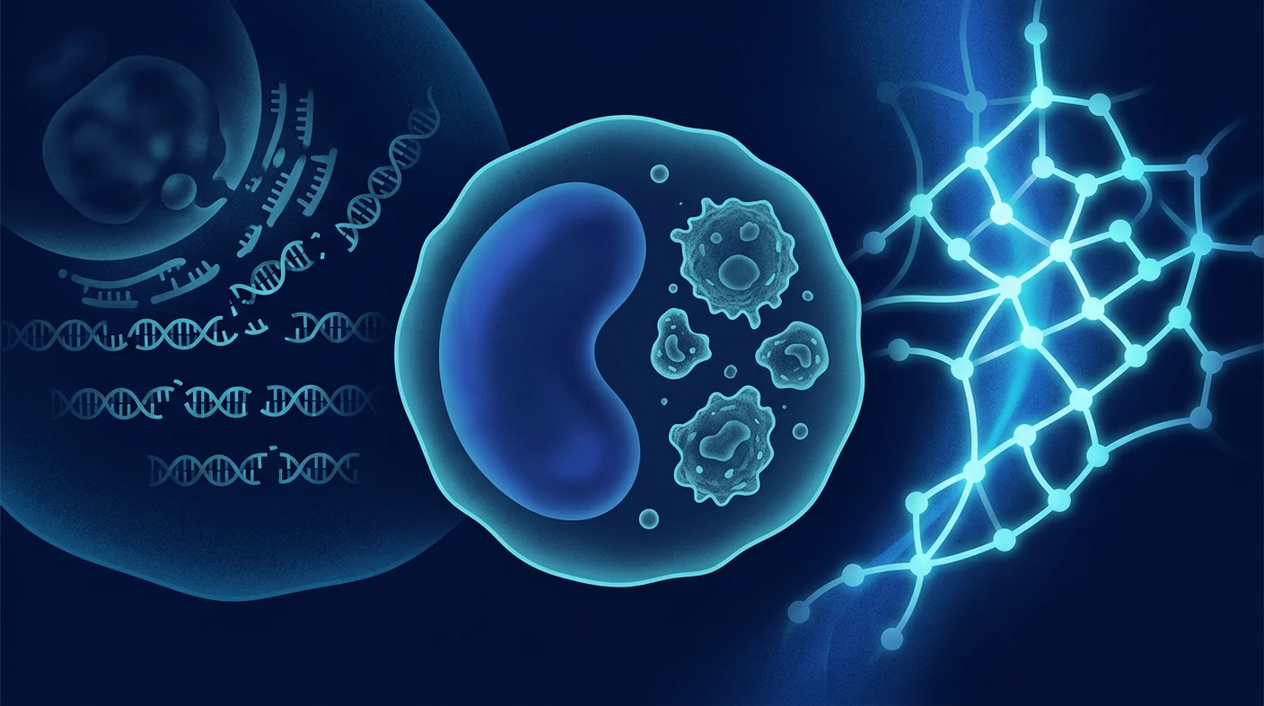 Conceptual illustration of a monocyte containing engulfed cellular material with abstract apoptosis and metabolic biomarker motifs
