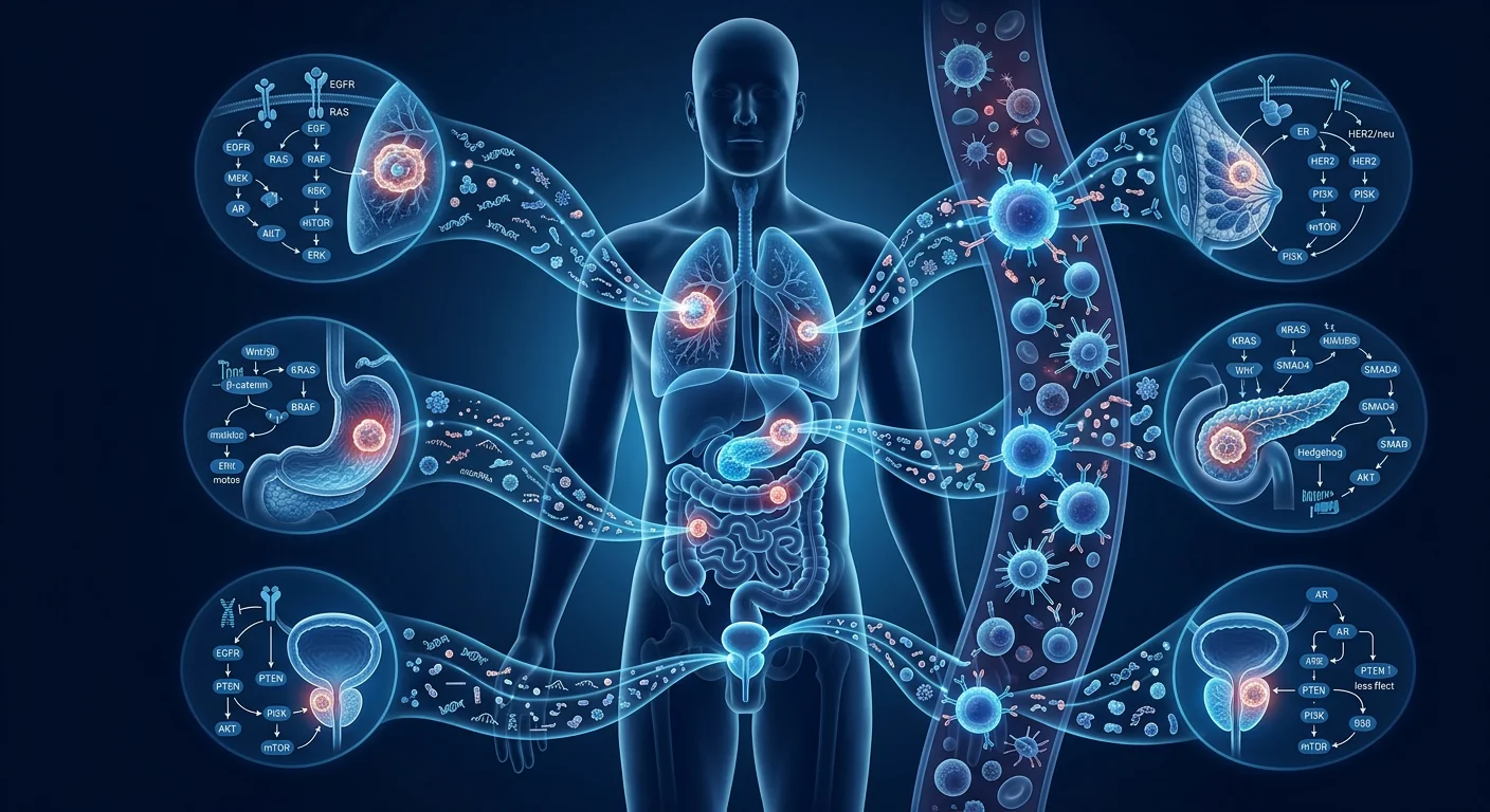 Anatomical diagram showing EDIM biomarker detection across five major cancer sites: breast, lung, colon, prostate, pancreas with molecular signaling to immune cells