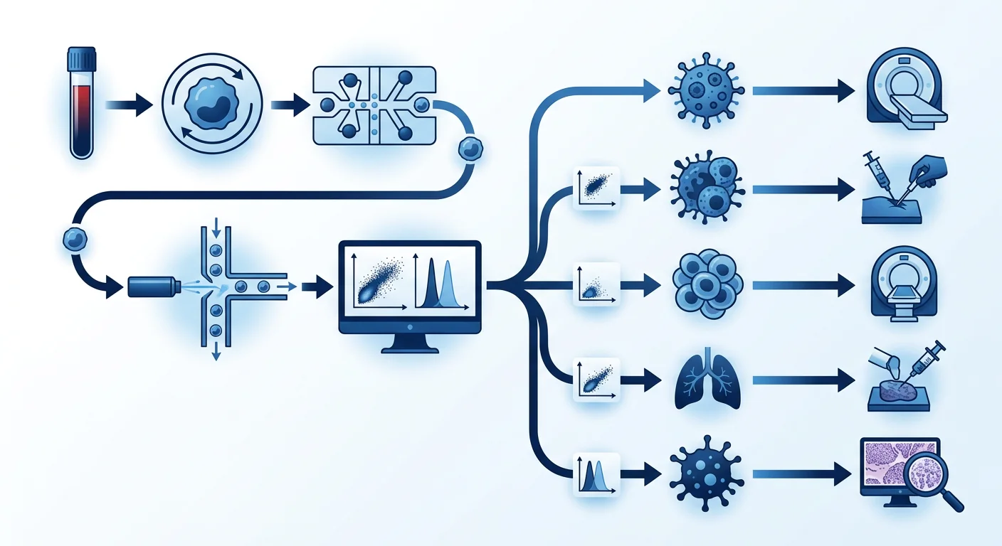 Clinical pathway diagram for EDIM test result interpretation and confirmatory diagnostic pathway by cancer type