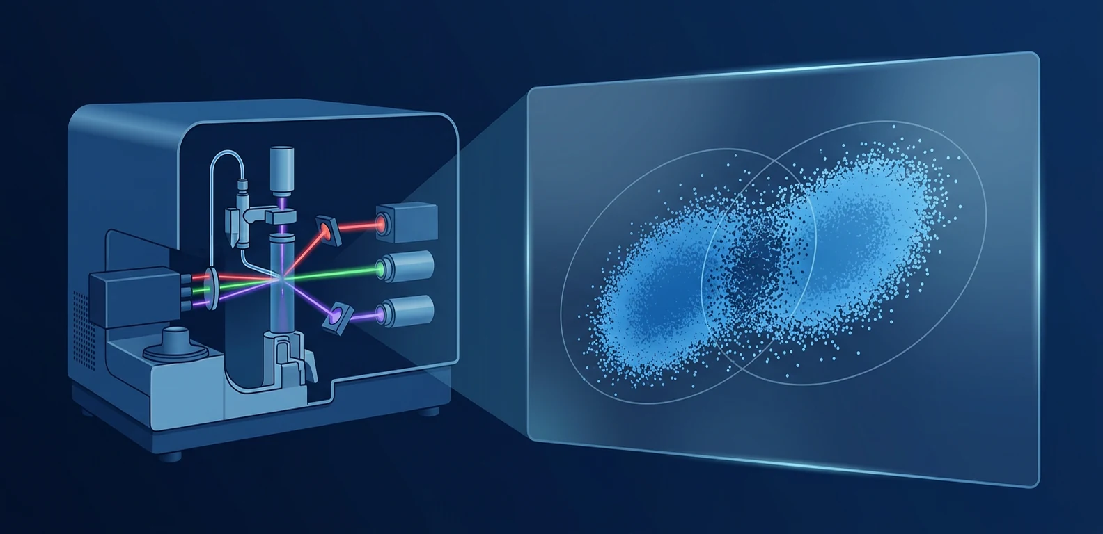 Flow cytometry illustration showing overlapping positive and negative immune-cell populations in diagnostic testing