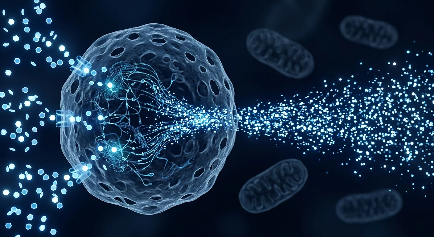 Illustration of aerobic glycolysis in a tumour cell — glucose entering the cell membrane and lactate flowing out, with mitochondria in the background