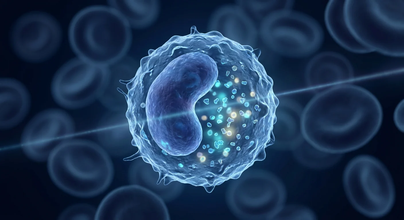 A human monocyte in blood plasma containing internalised protein fragments, illustrating how EDIM detects tumour-associated epitopes inside immune cells
