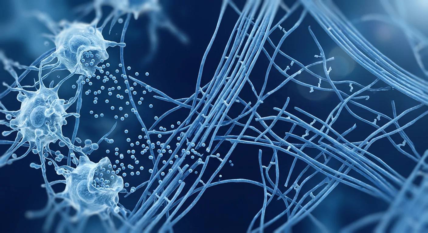 Scientific illustration of abnormal collagen fibril cross-linking in Ehlers-Danlos Syndrome connective tissue, with MSCs releasing ECM-remodeling paracrine factors to support matrix integrity