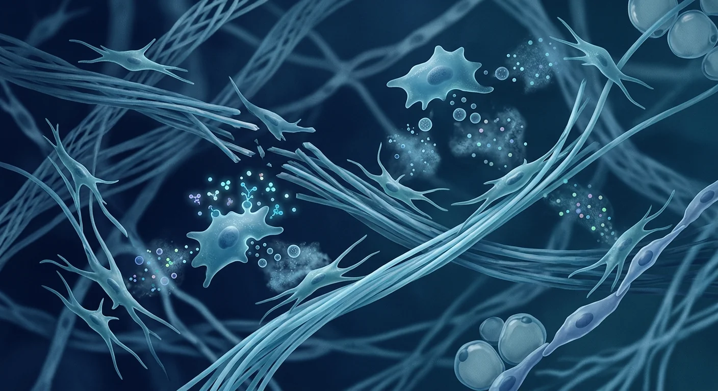 Scientific medical illustration of mesenchymal stem cells supporting collagen matrix repair in Ehlers-Danlos Syndrome — cellular therapy for connective tissue reinforcement