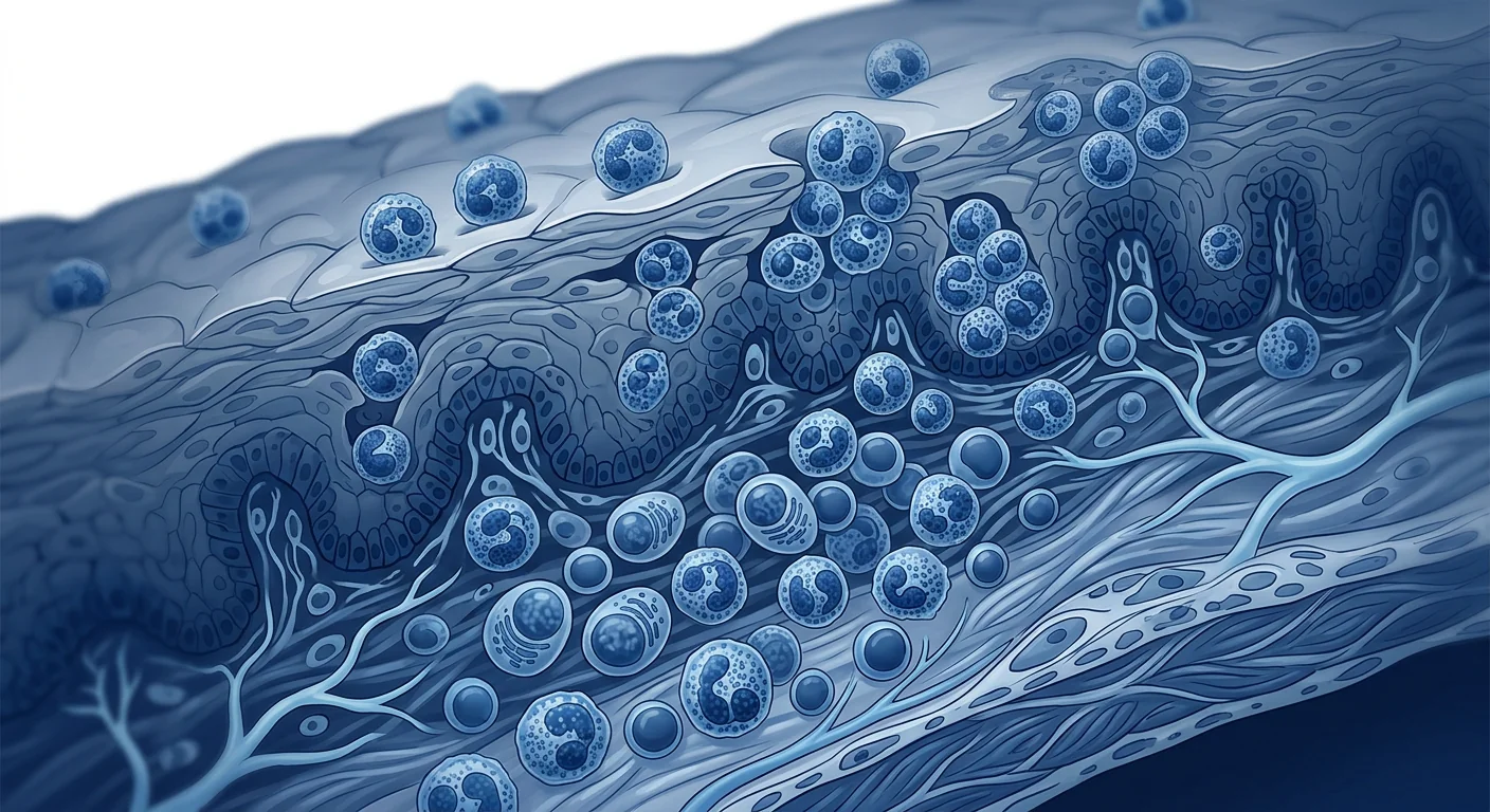 Scientific illustration of eosinophilic esophagitis — esophageal mucosal inflammation with eosinophil infiltration and tissue remodeling, stem cell research context