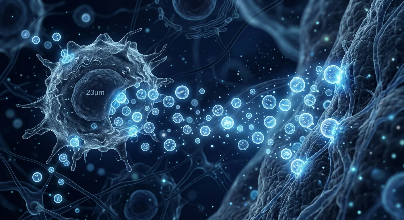 Scientific illustration of a mesenchymal stem cell releasing exosome vesicles into surrounding tissue