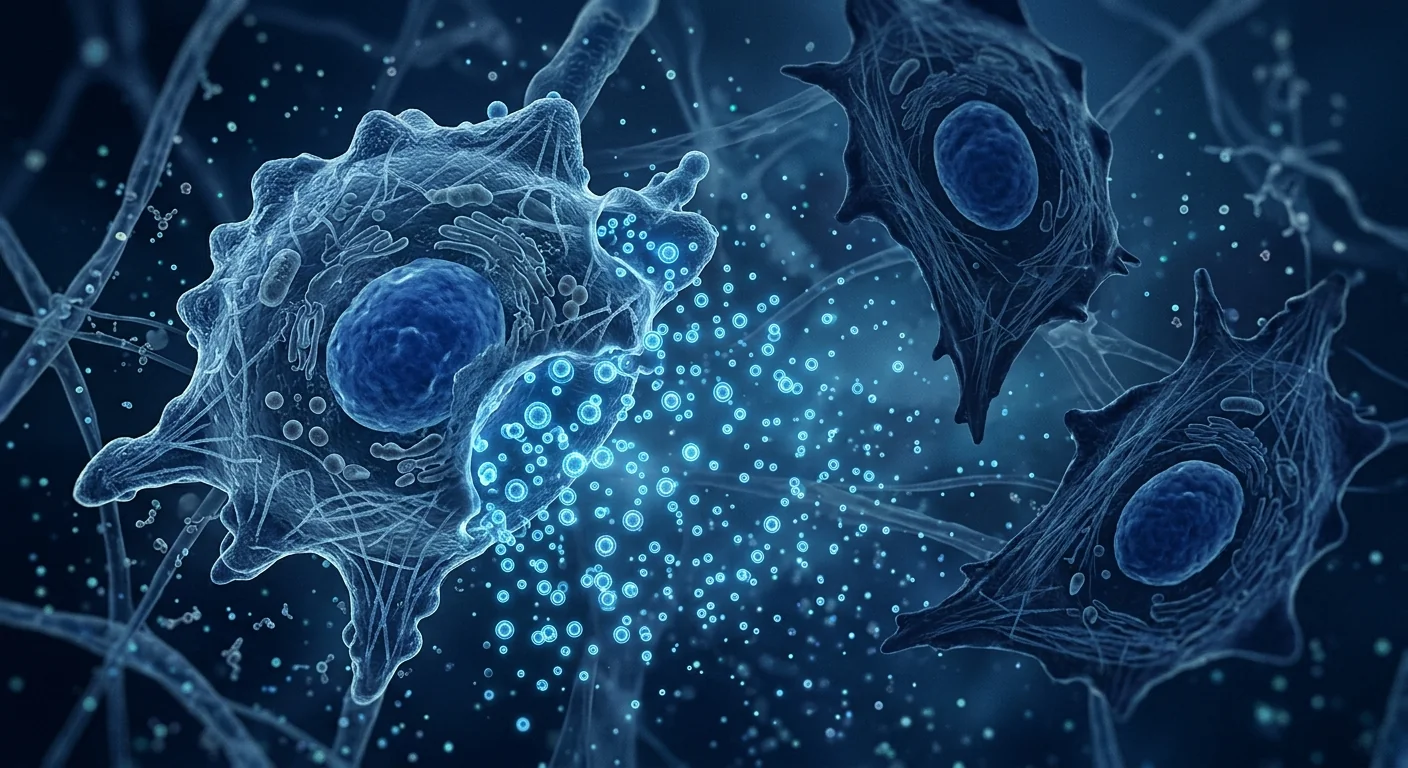 Scientific illustration of MSC-derived exosomes — nanoscale vesicles released from a mesenchymal stem cell contrasted with whole MSCs, deep navy and clinical blue palette