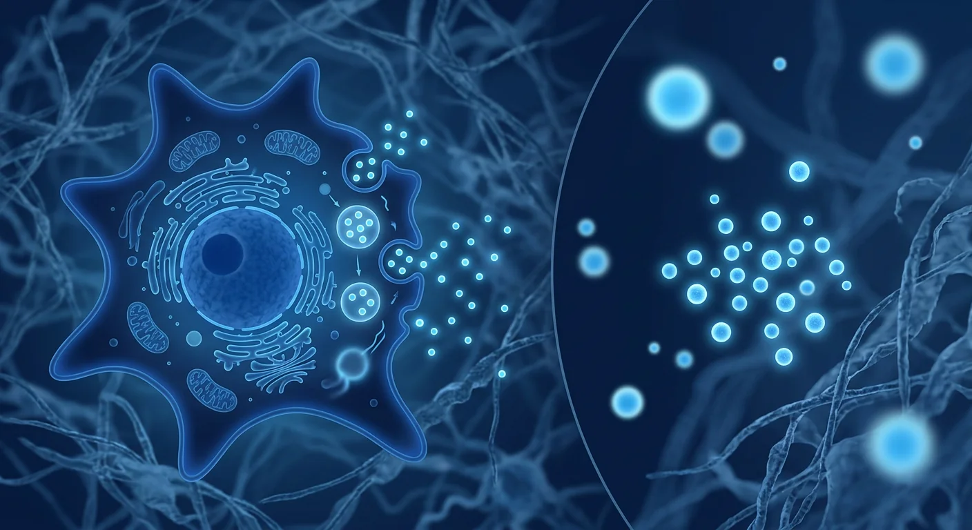 Scientific illustration of MSC-derived exosomes — nanoscale vesicles contrasted with whole mesenchymal stem cells, deep navy and clinical blue palette