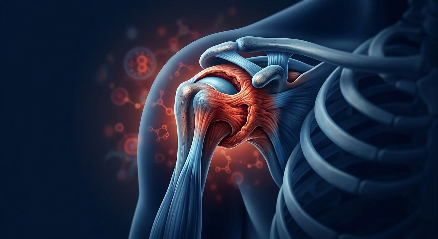 Scientific medical illustration of frozen shoulder — adhesive capsulitis with inflamed, contracted joint capsule in the shoulder