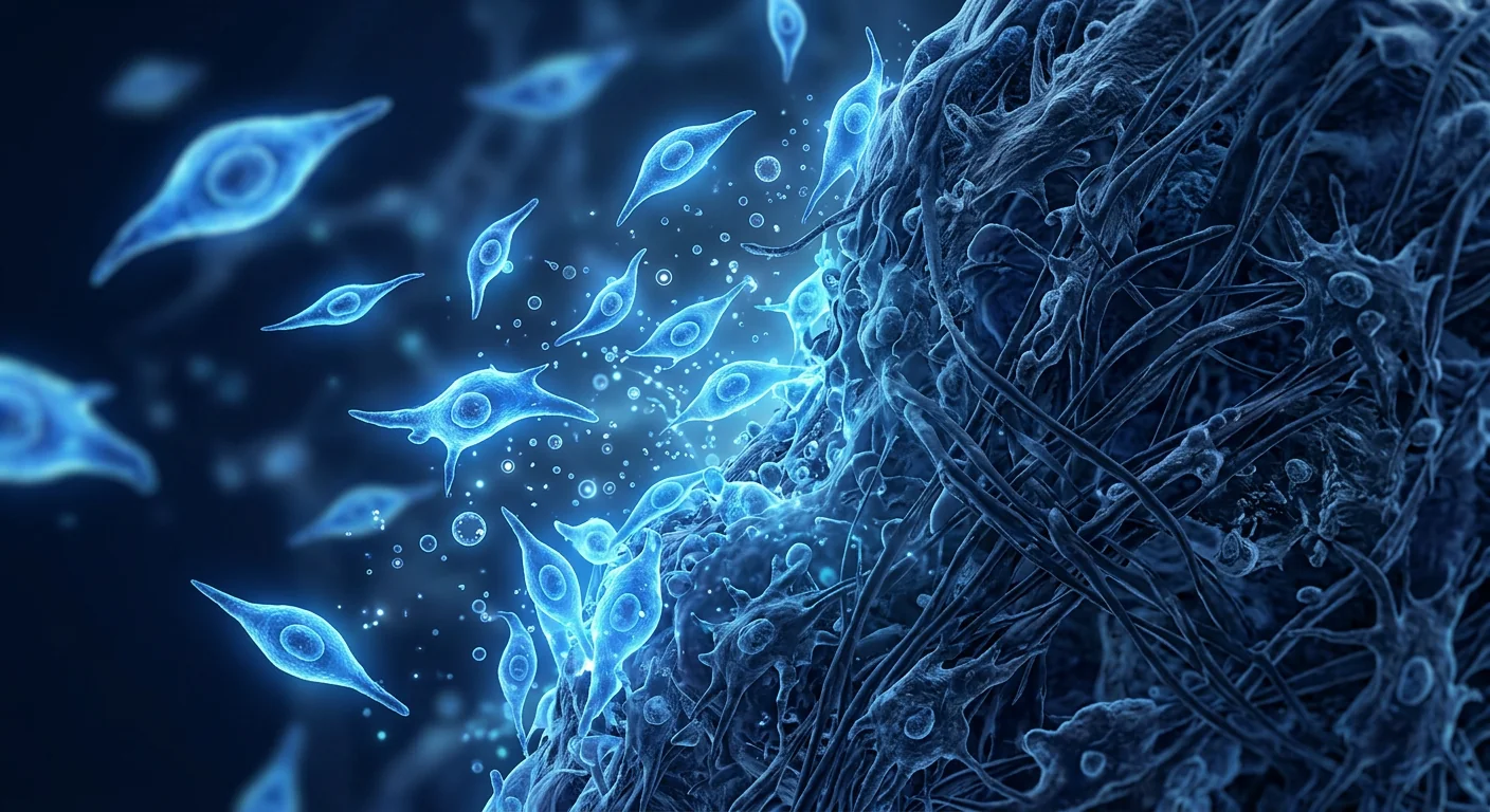 Scientific illustration of mesenchymal stem cells targeting the inflamed and fibrotic shoulder joint capsule in adhesive capsulitis