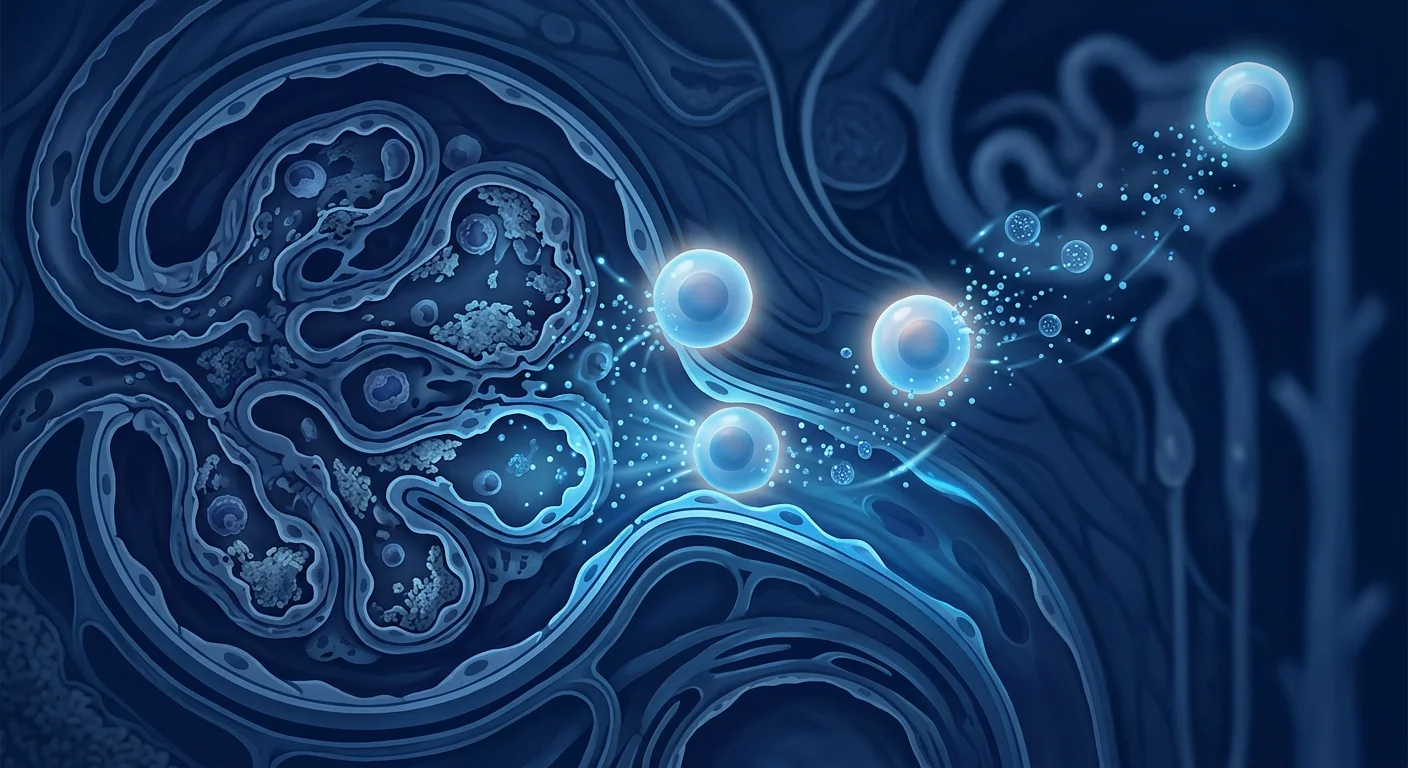 Scientific illustration of mesenchymal stem cells delivering immunomodulatory signals to inflamed kidney glomeruli in glomerulonephritis therapy