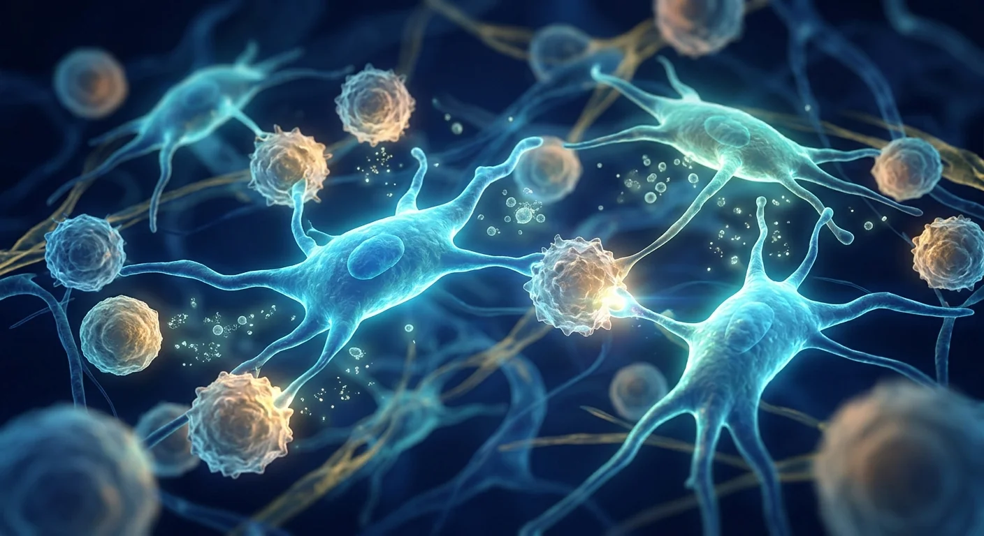 Scientific illustration of mesenchymal stem cells modulating donor T-cell activity in graft-versus-host disease
