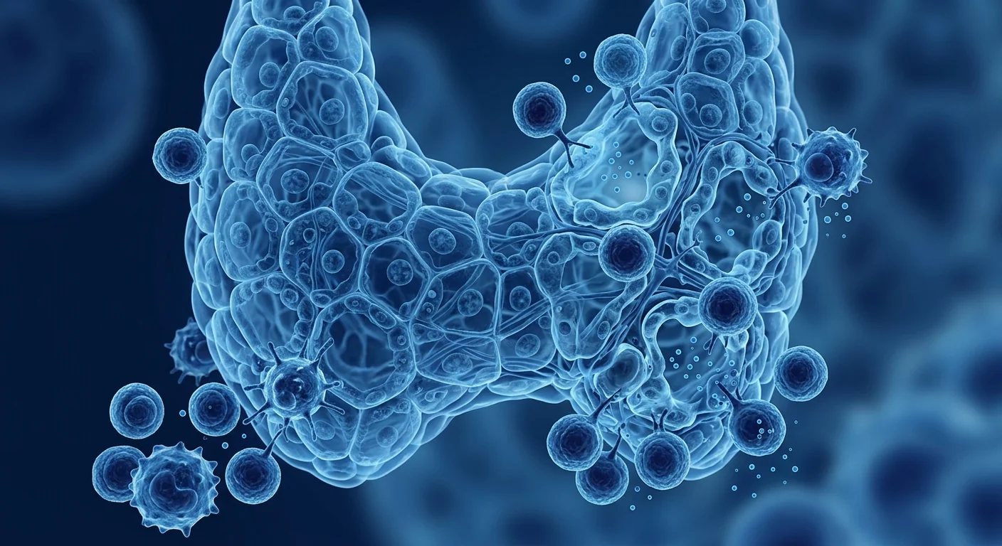 Scientific illustration of mesenchymal stem cells supporting thyroid tissue regeneration in Hashimoto's thyroiditis
