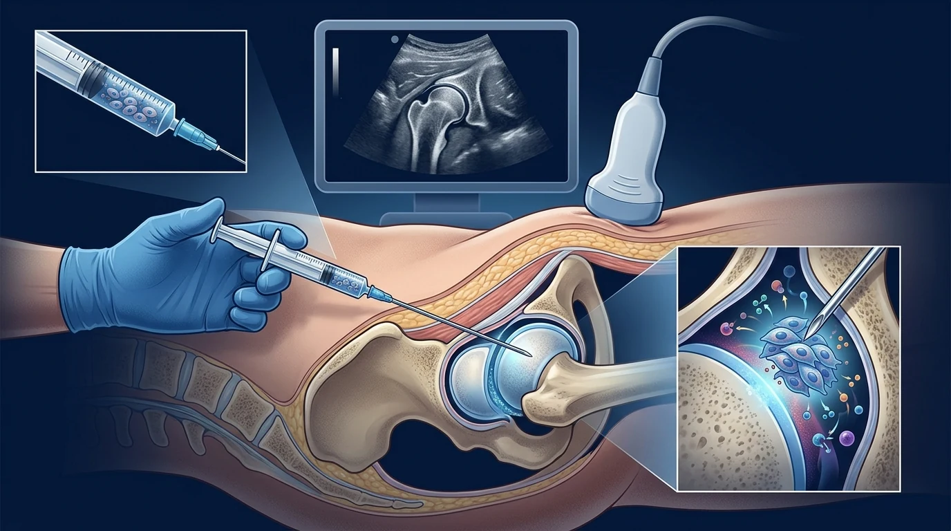 Mesenchymal stem cells injected into the hip joint \u2014 fluoroscopy-guided intra-articular delivery with anti-inflammatory signaling