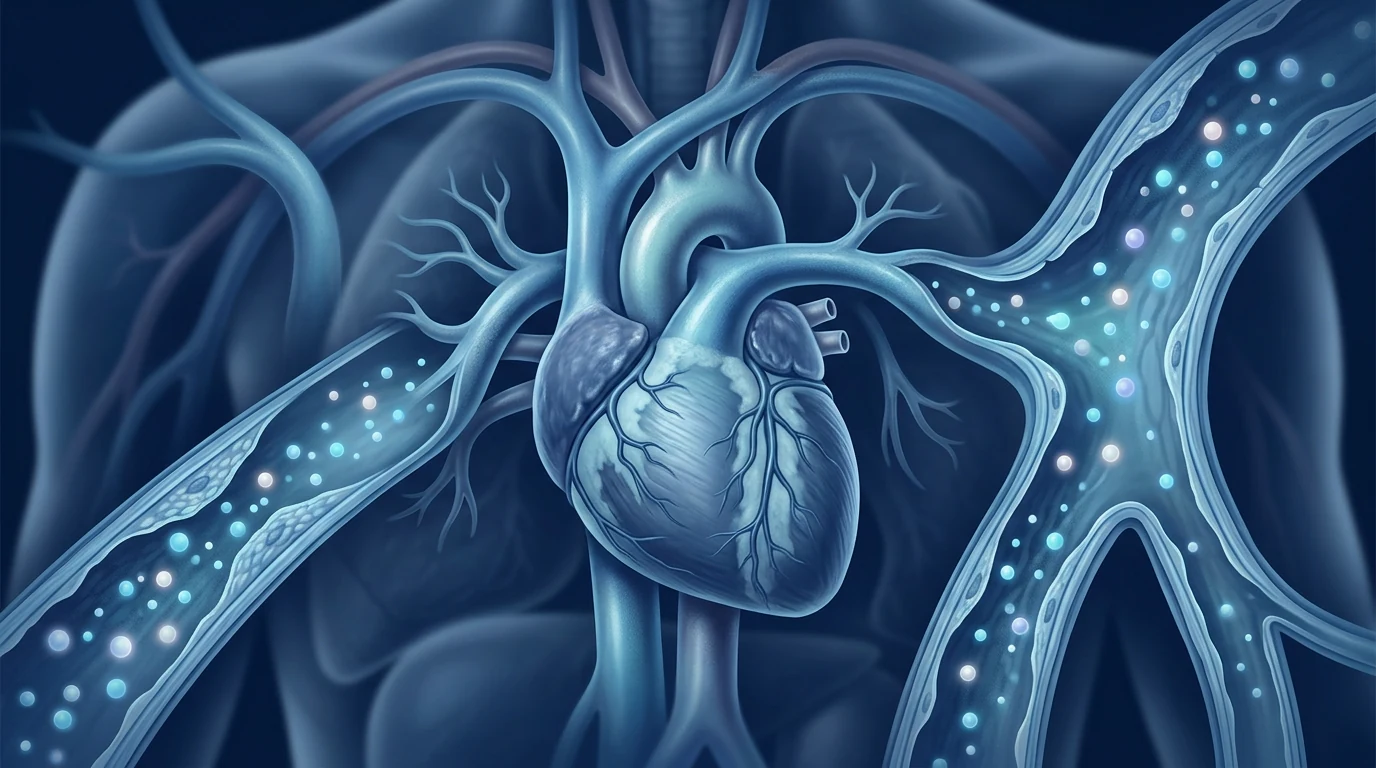 Scientific illustration of systemic arteries with endothelial dysfunction and arterial stiffness in hypertension, MSC paracrine signaling targeting the vessel wall