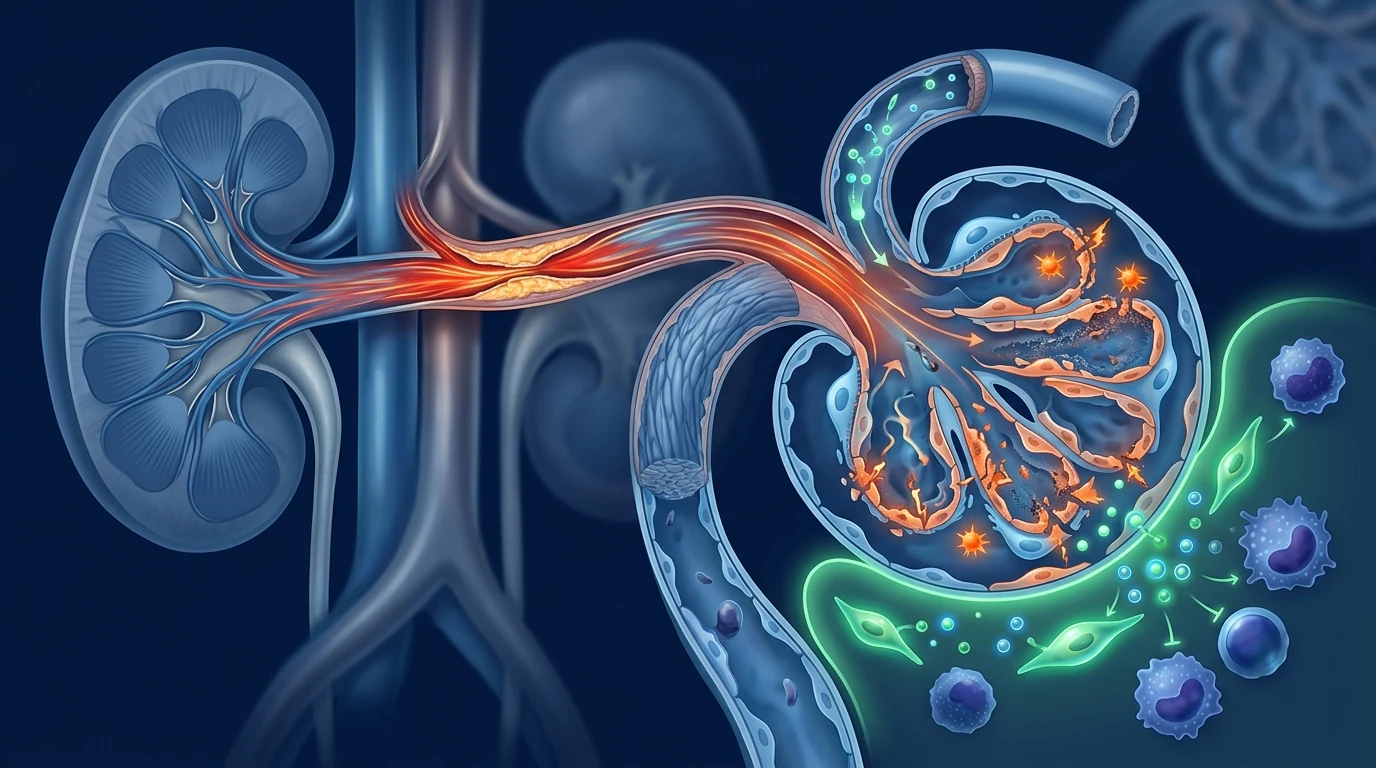 Scientific illustration of renal microcirculation showing renovascular hypertension with renal artery narrowing and MSC-mediated anti-inflammatory signaling